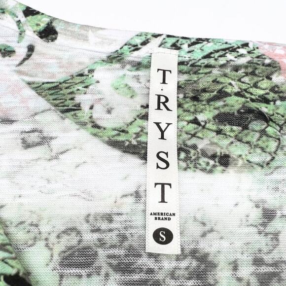 Tryst Womens S T-Shirt Twist Front Round Neck Abstract Green Pink White Active - Picture 7 of 7